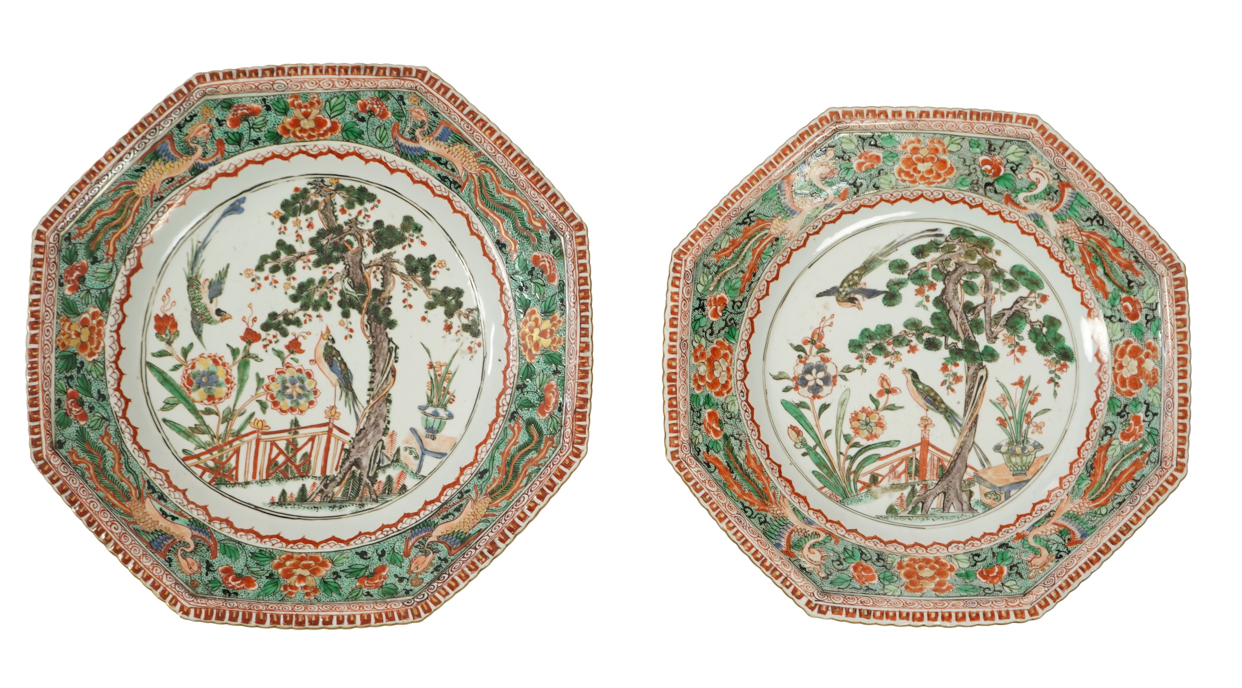 Two graduated Chinese famille verte octagonal dishes, Kangxi period